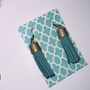Tassel earrings teal blue dangle faux suede vintage brass patina hardware‎ NEW
